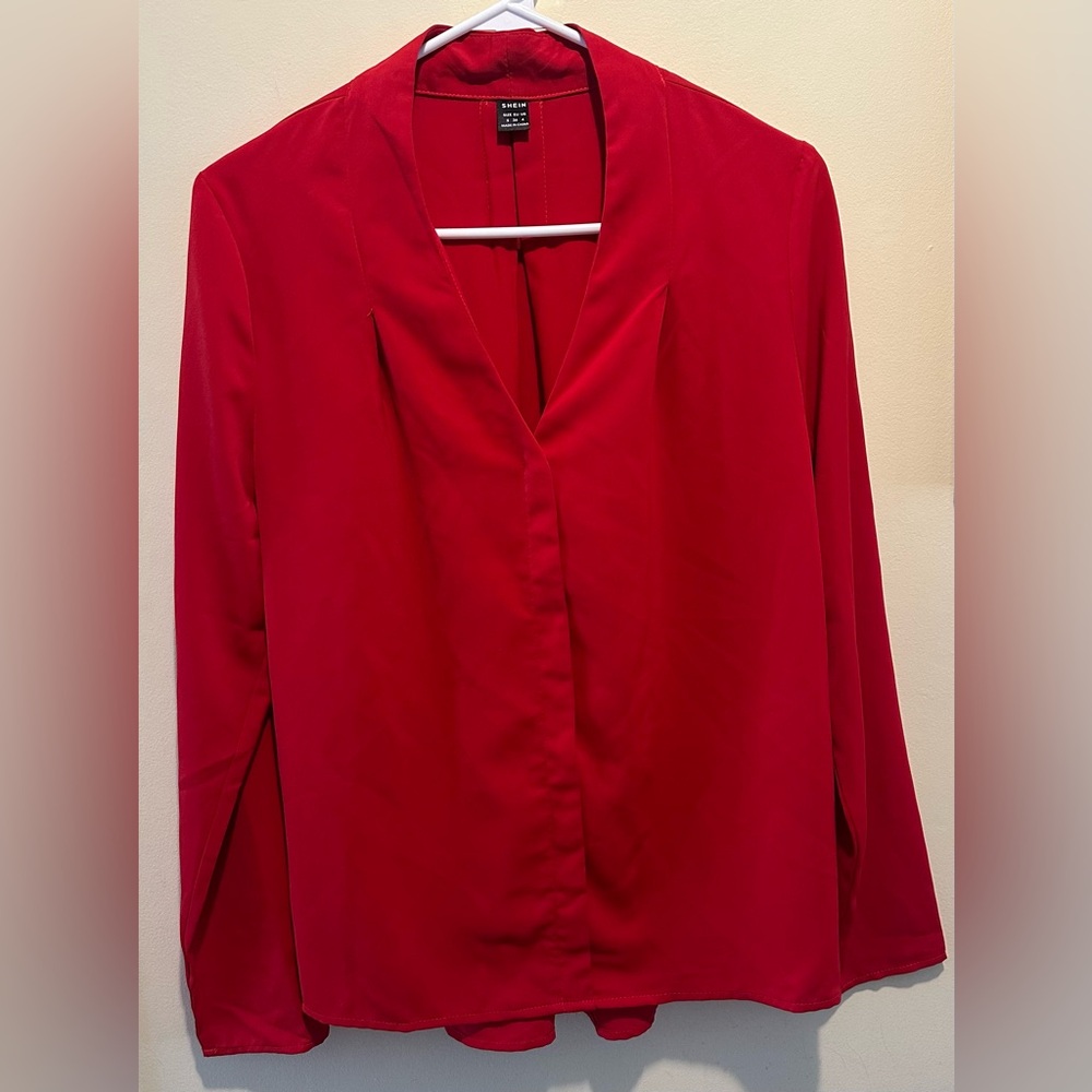 SHEIN Vibrant Red Long Sleeved, V-neck Blouse